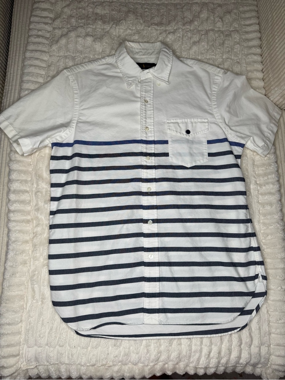 Ralph Lauren White Short-Sleeve Button-Down with Navy Stripes